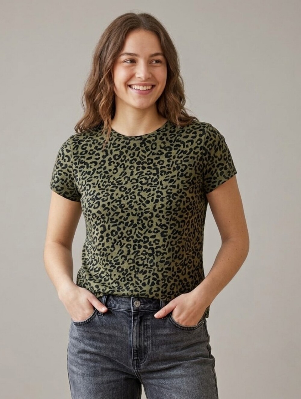 JOE FRESH Olive Green Short Sleeve T-Shirt S Animal Leopard Print Top Cotton